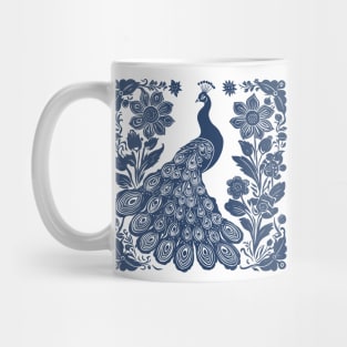 Peacock Folk Art Block Print Navy Blue Mug